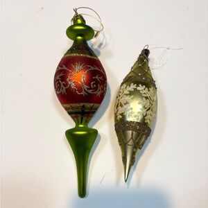 Two Glass Blown Red & Green Christmas Tree Ornaments